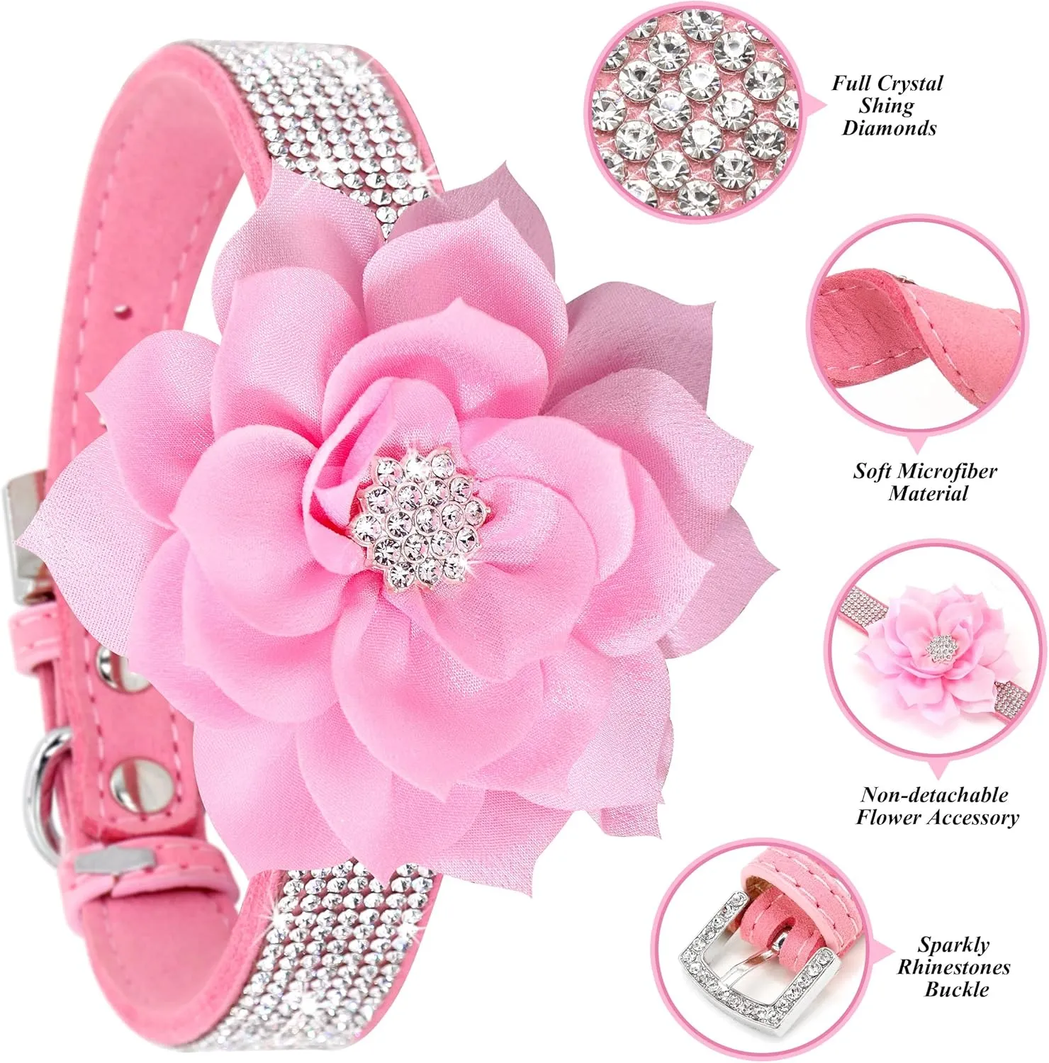 PET ARTIST Rhinestone Dog Collar and Leash Set, Sparkling Girl Dog Collars with Bling Diamonds, Soft Leather Pink Pet Collar with Cute Flower for Small Puppy Dogs Walking Party Wedding,S