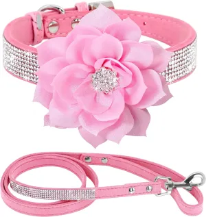PET ARTIST Rhinestone Dog Collar and Leash Set, Sparkling Girl Dog Collars with Bling Diamonds, Soft Leather Pink Pet Collar with Cute Flower for Small Puppy Dogs Walking Party Wedding,S
