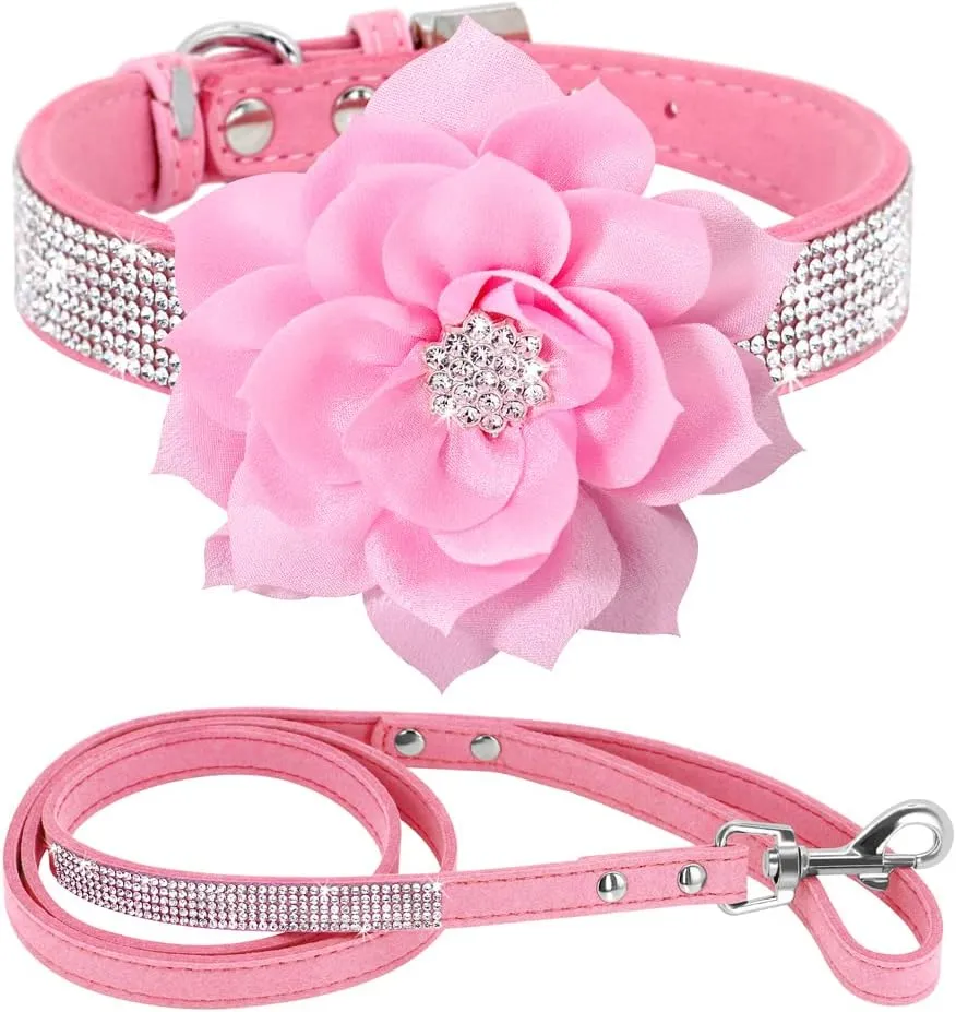 PET ARTIST Rhinestone Dog Collar and Leash Set, Sparkling Girl Dog Collars with Bling Diamonds, Soft Leather Pink Pet Collar with Cute Flower for Small Puppy Dogs Walking Party Wedding,S