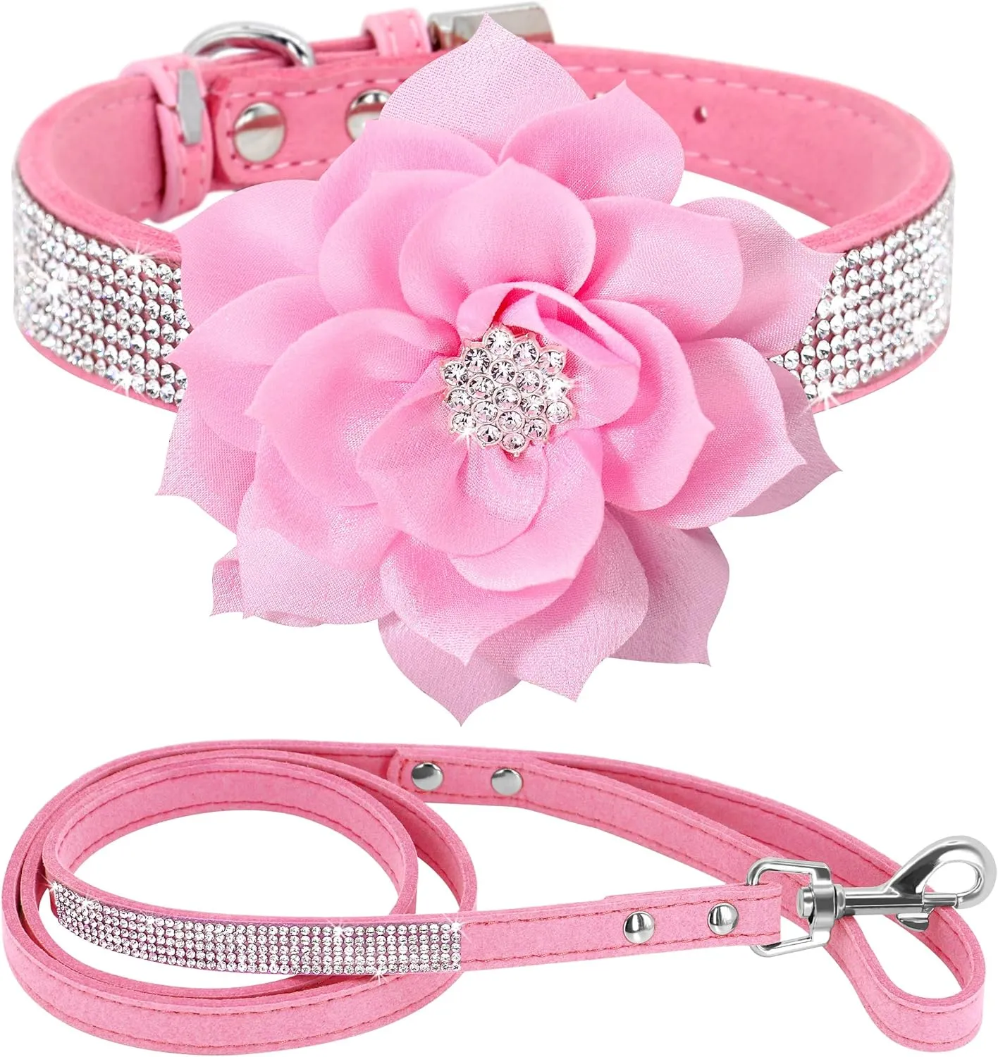 PET ARTIST Rhinestone Dog Collar and Leash Set, Sparkling Girl Dog Collars with Bling Diamonds, Soft Leather Pink Pet Collar with Cute Flower for Small Puppy Dogs Walking Party Wedding,S