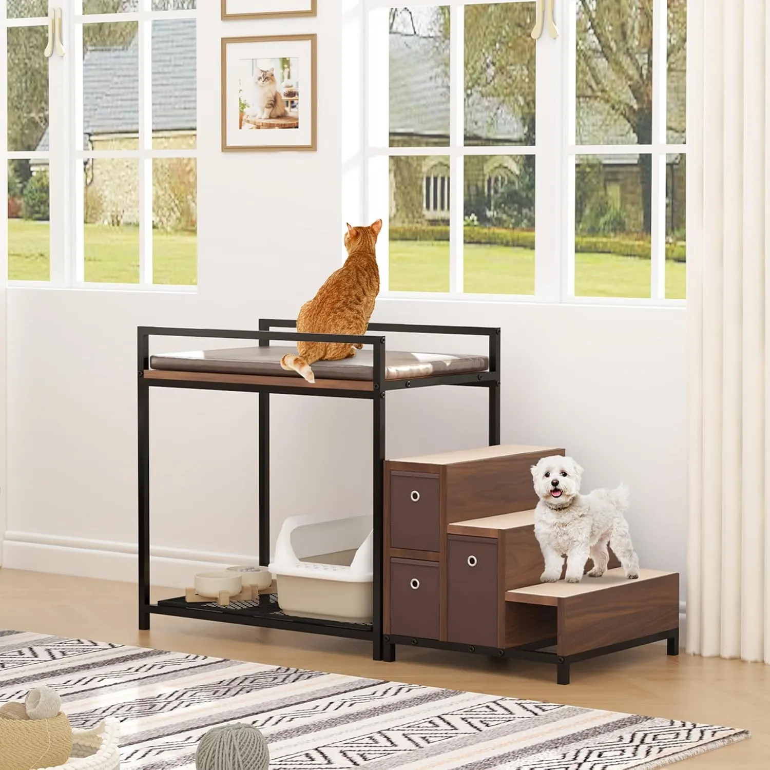 Pet Bunk Bed with Stairs and Storage, Multi-Level Pet Window Perch,Dog Perch to Look Out Window, Elevated Pet Steps with Cushion for Medium Small Sized Pets, Non-Slip Pads, for Bedside, Indoor Use