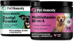 Pet Honesty Daily Essentails Bundle - Dog Multivitamin for Dogs   Dental Powder for Teeth Cleaning & Plaque Removal, Skin, Coat, and Allergy Support