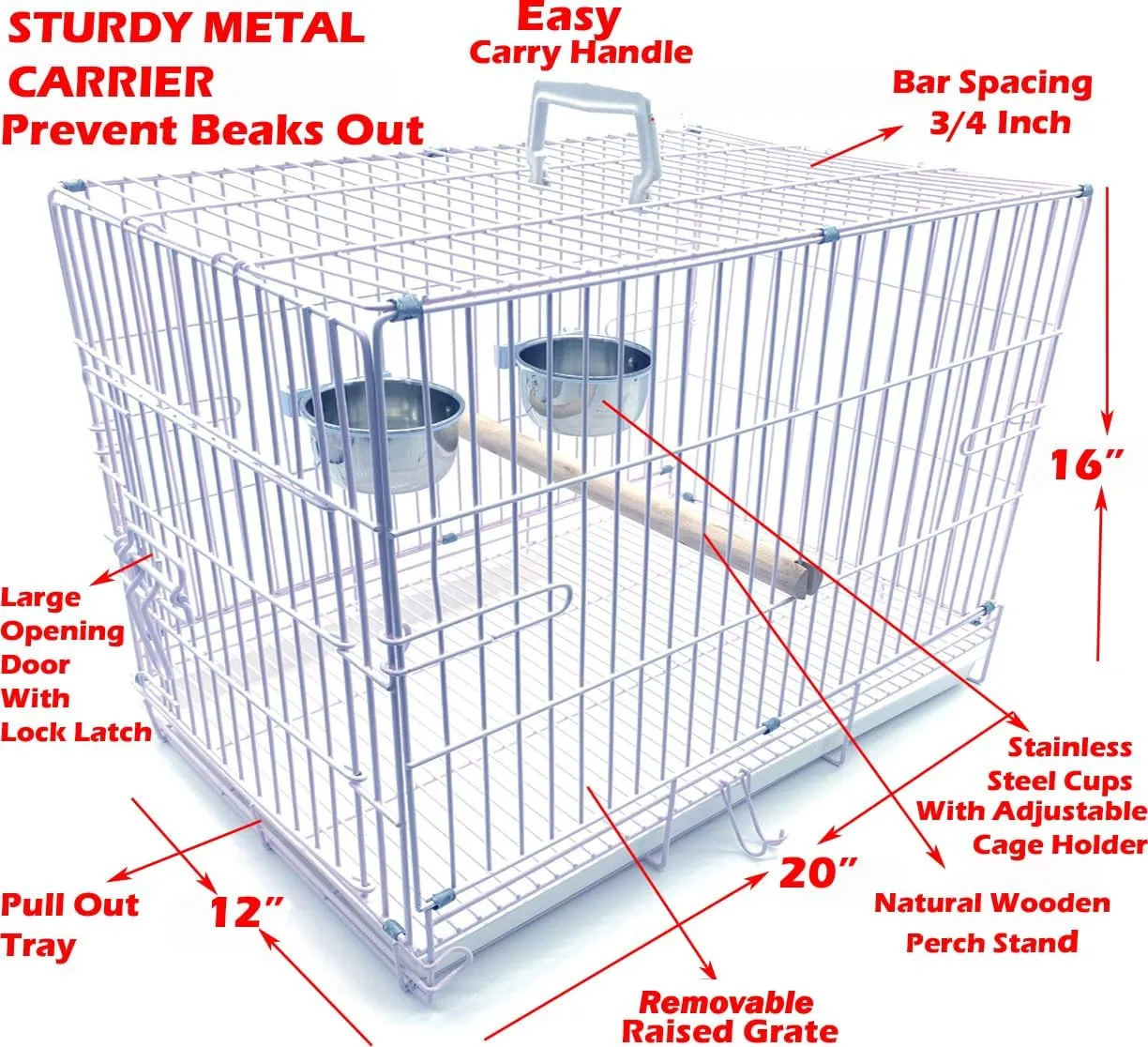 Pet Products Metal Travel Vet Bird Parrot Carrier Cage Prevent Beaks Out White, 19-Inch by 12-Inch by 16-Inch