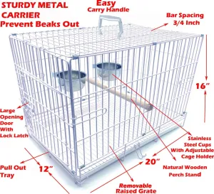 Pet Products Metal Travel Vet Bird Parrot Carrier Cage Prevent Beaks Out White, 19-Inch by 12-Inch by 16-Inch