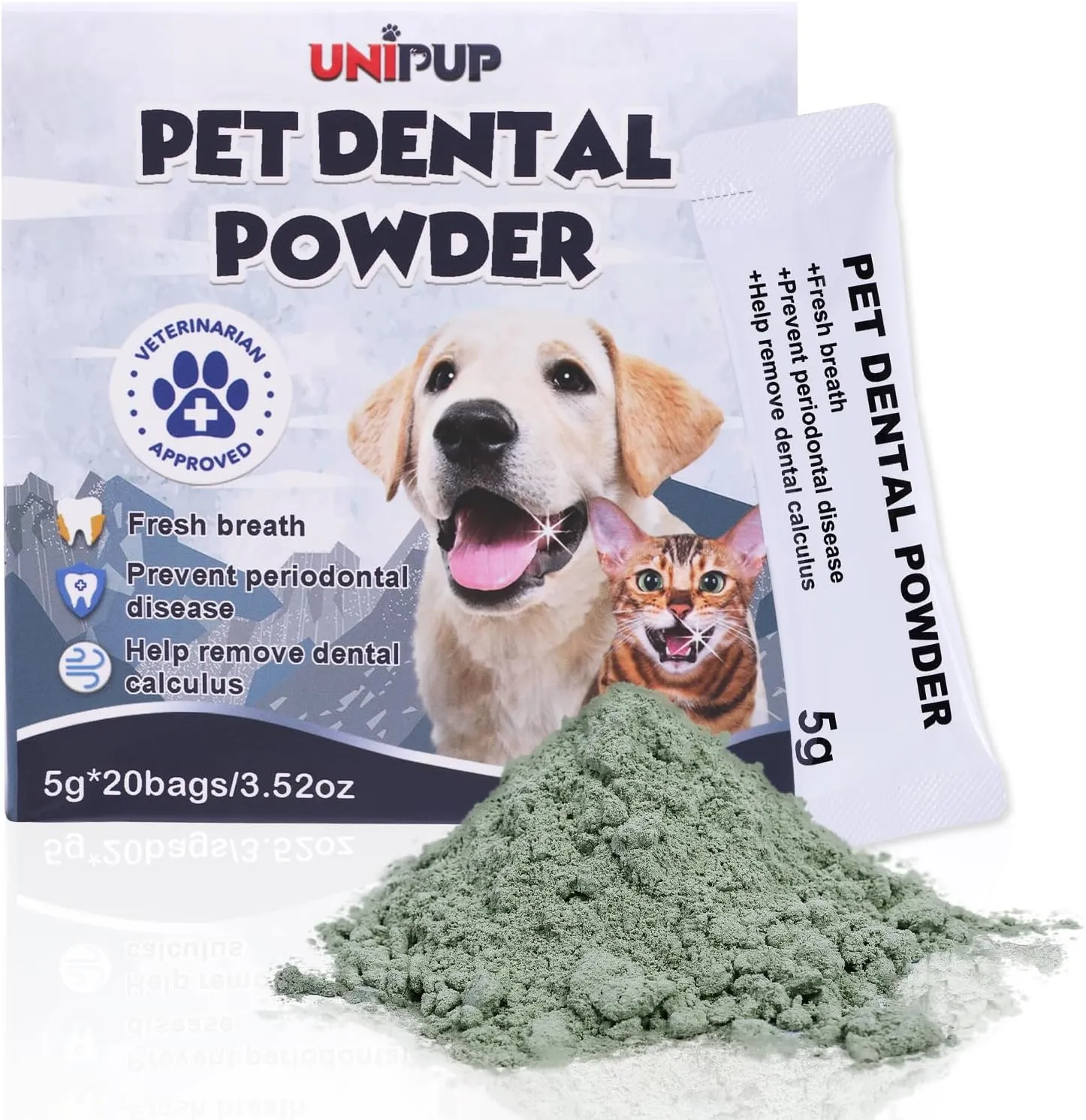 Pet Teeth Cleaning Powder, Safe & Natural Oral Care Formula Dog Dental Powder, Reduces Plaque & Tartar, Freshens Breath, Sodium Hexametaphosphate Free Dog Dental Powder -5g*20 sachets