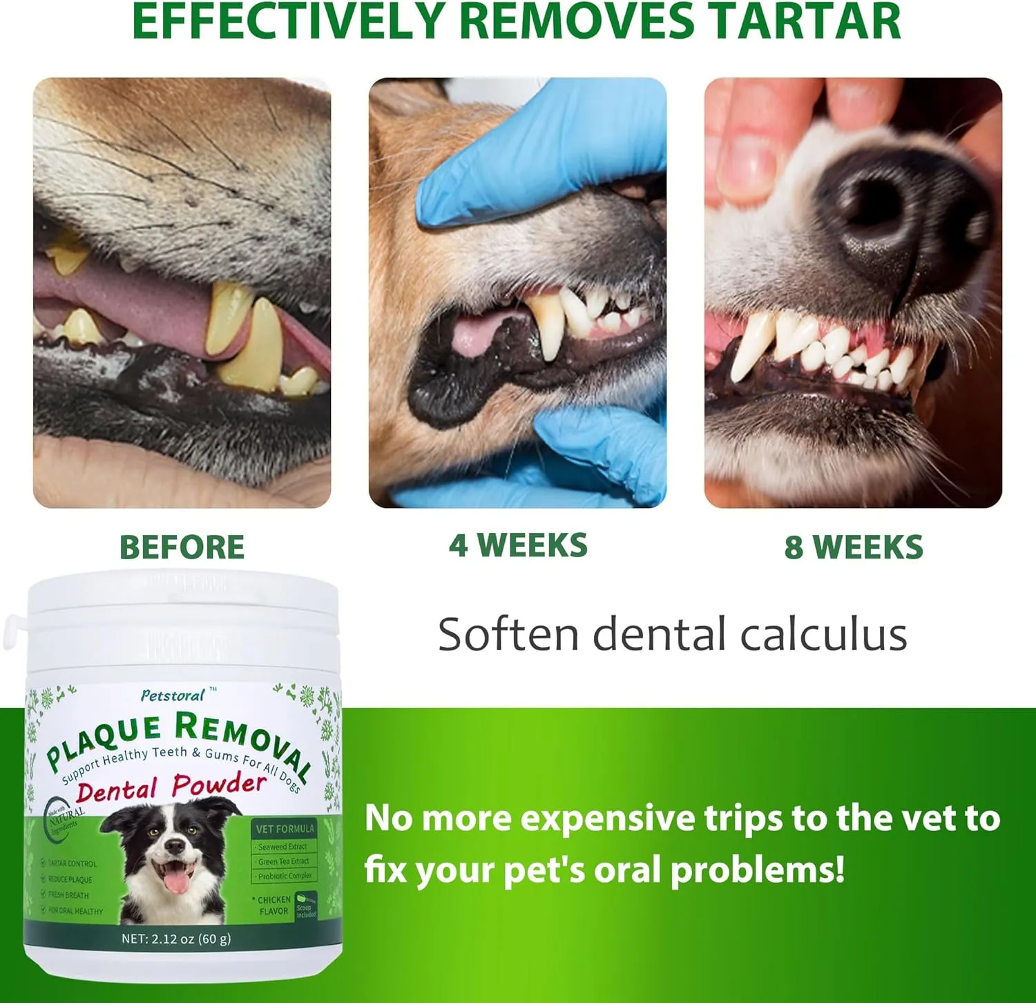 Plaque Removal Natural Dental Powder - Dog Dental Care and Bad Breath Treatment, Healthy Teeth & Gums for All Dogs, Chicken & Egg Yolk Flavor Dog Teeth Cleaning Powder - 2.12 oz