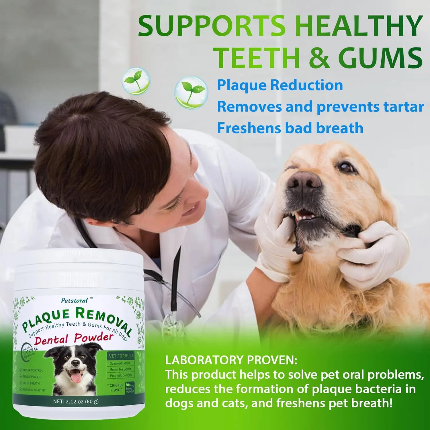 Plaque Removal Natural Dental Powder - Dog Dental Care and Bad Breath Treatment, Healthy Teeth & Gums for All Dogs, Chicken & Egg Yolk Flavor Dog Teeth Cleaning Powder - 2.12 oz