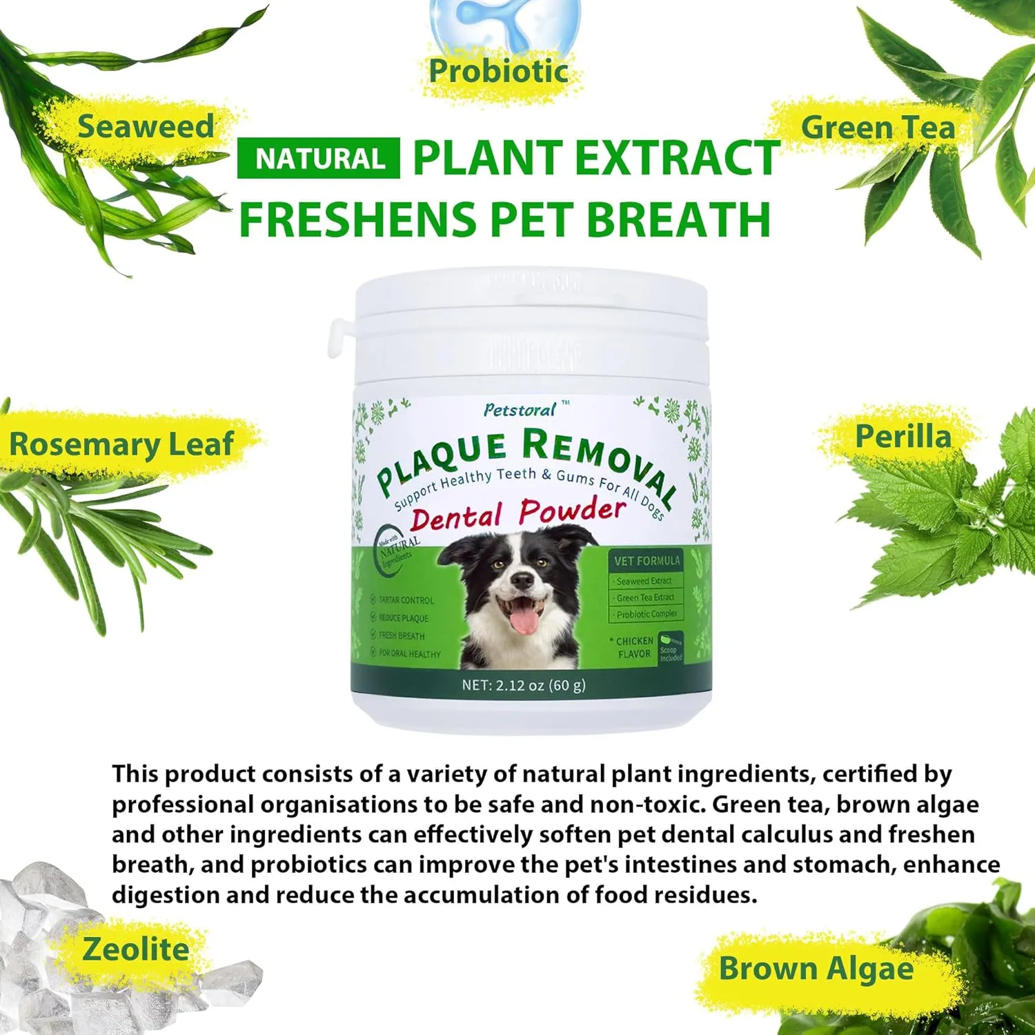 Plaque Removal Natural Dental Powder - Dog Dental Care and Bad Breath Treatment, Healthy Teeth & Gums for All Dogs, Chicken & Egg Yolk Flavor Dog Teeth Cleaning Powder - 2.12 oz