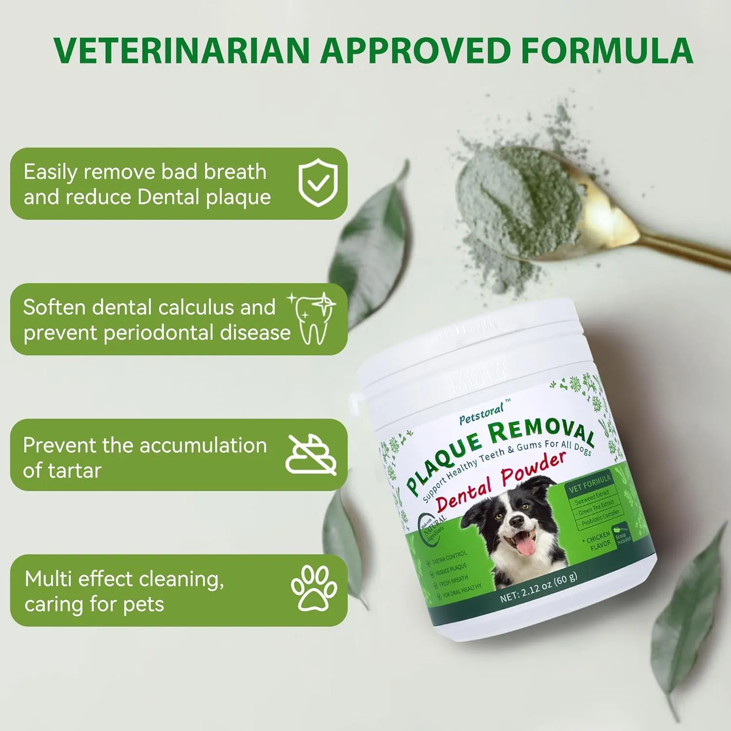 Plaque Removal Natural Dental Powder - Dog Dental Care and Bad Breath Treatment, Healthy Teeth & Gums for All Dogs, Chicken & Egg Yolk Flavor Dog Teeth Cleaning Powder - 2.12 oz