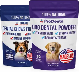 ProDenta & Fresh Breathies Bundle, All-Natural Dog Breath Fresheners, Dental Powder & Chews for Clean Teeth, Fresh Breath, Gut & Immune Support