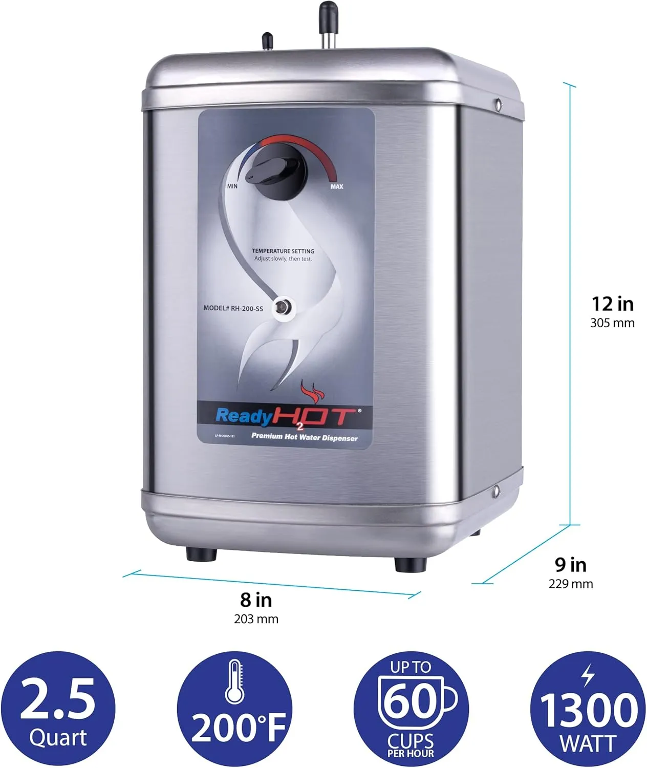 Ready Hot 41-RH-200-F560-BN Instant Hot Water Dispenser System, 2.5 Quarts, Manual Dial Dual Lever Hot and Cold Water Faucet Brushed Nickel