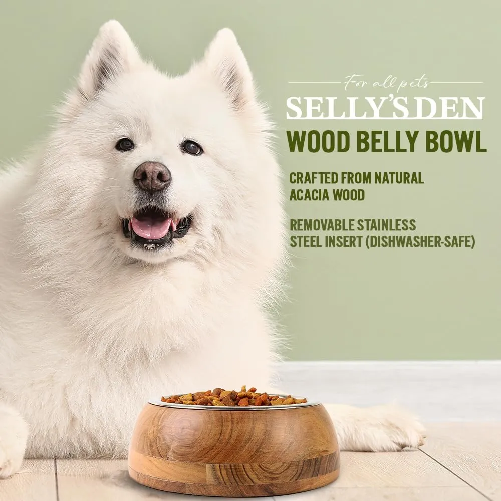 Sellys Den Wood Belly Bowl with Stainless Steel Insert, Rustic, Non-Slip, Durable, Rust Resistant Pet Food & Water Dish, BPA Free Rubber Base (12 Oz)