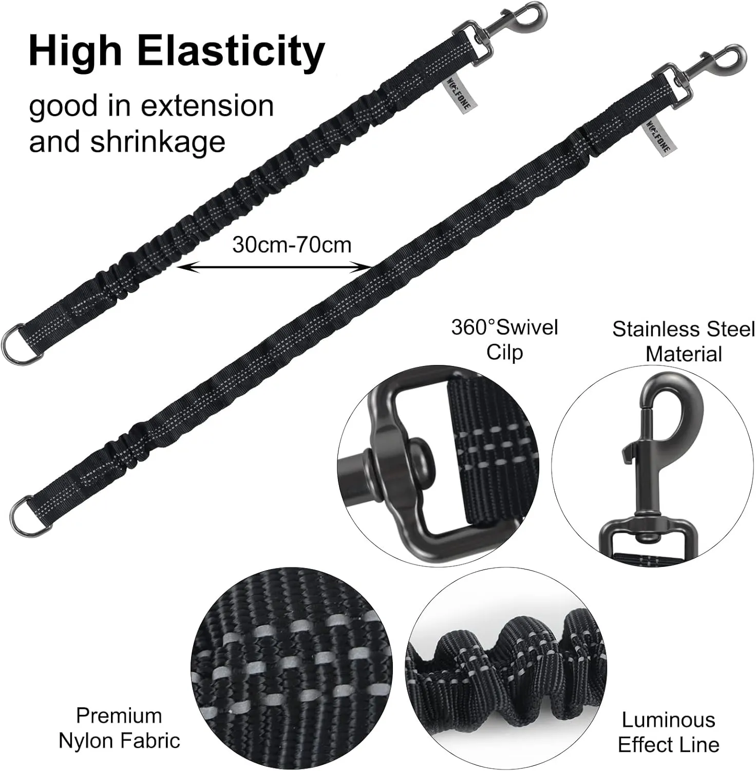 Shock Absorber Reflective Threads Bungee Dog Leash for RunningTrainningRecall 2-Pack Black