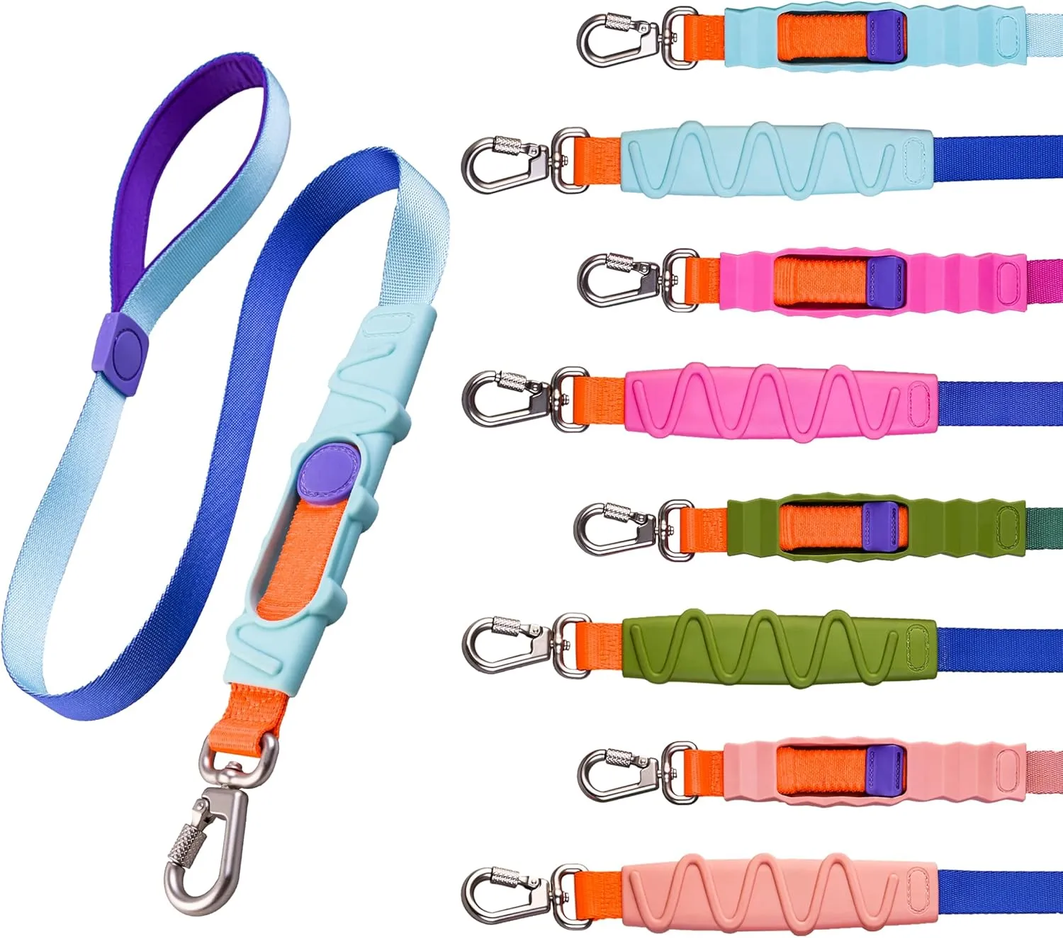 Shock Absorbing Dog Leash, Bungee Dog Leash with Swivel Lockable Hook & Padded Handle, No-Pull Lead for All Dog Sizes - Enhances Safety & Comfort for Outdoor Walks (Blue, Curve Strap)