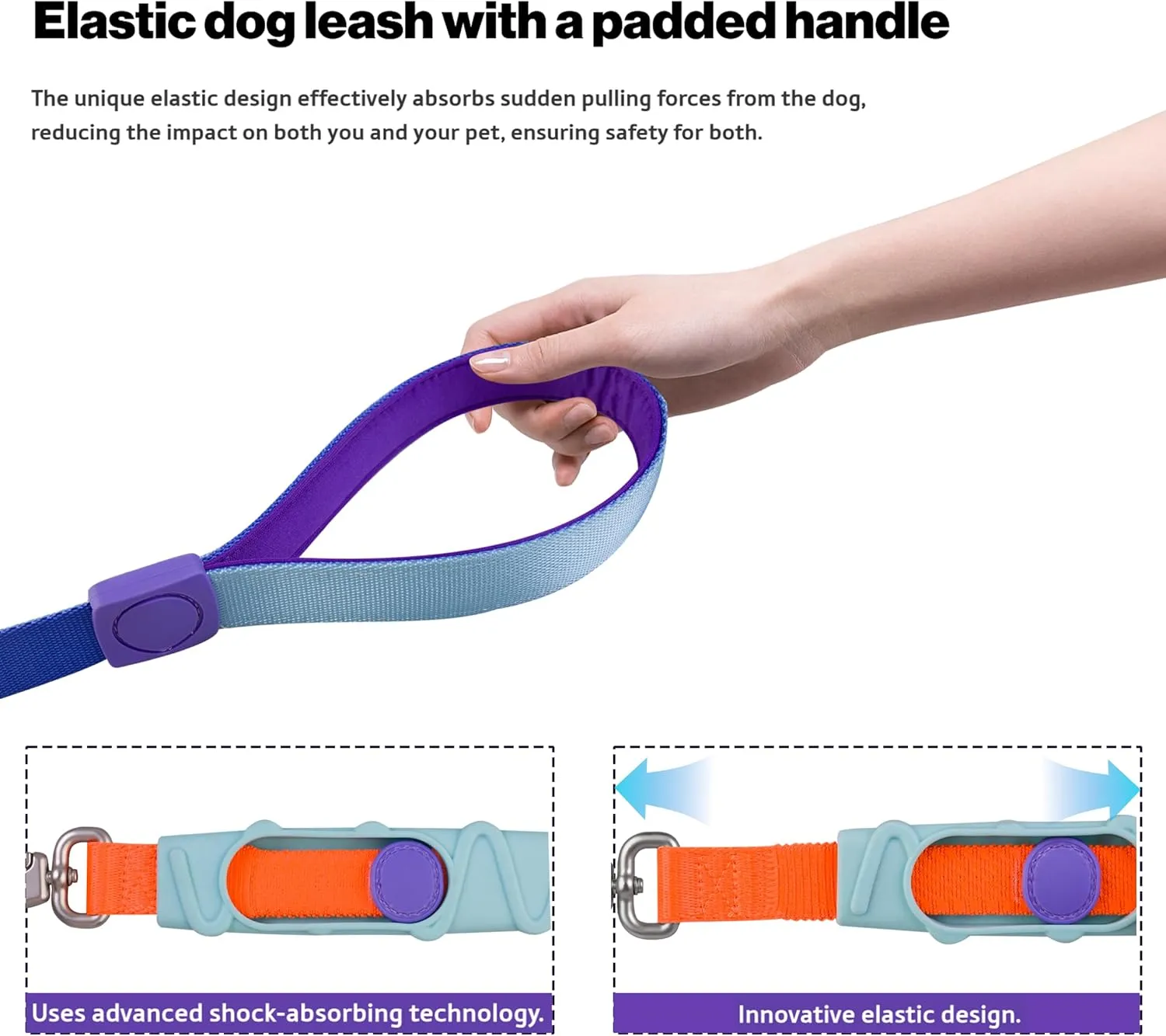 Shock Absorbing Dog Leash, Bungee Dog Leash with Swivel Lockable Hook & Padded Handle, No-Pull Lead for All Dog Sizes - Enhances Safety & Comfort for Outdoor Walks (Blue, Curve Strap)