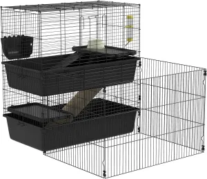 Small Animal Cage with Playpen, Multi Level Pet Habitat Indoor for Guinea Pigs Hedgehogs Bunnies with Accessories, Water Bottle, Food Dish, Feeding Trough, 42" x 33" x 36"