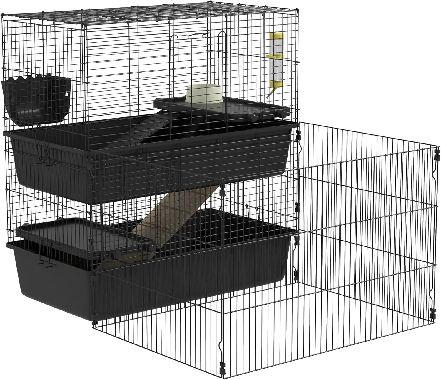 Small Animal Cage with Playpen, Multi Level Pet Habitat Indoor for Guinea Pigs Hedgehogs Bunnies with Accessories, Water Bottle, Food Dish, Feeding Trough, 42" x 33" x 36"