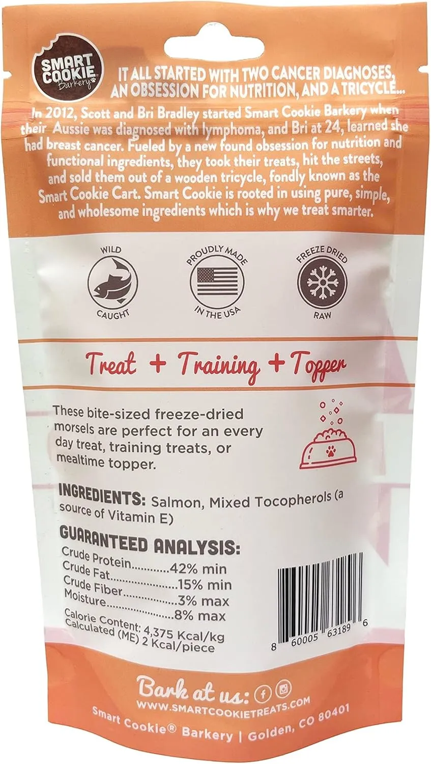 Smart Cookie Freeze Dried Salmon Bites - Single Ingredient Freeze Dried Treats for Dogs - Wild Caught Alaskan Salmon Dog Training Treats & Dog Food Topper - Made in USA - 2oz Bag, 1 Pack