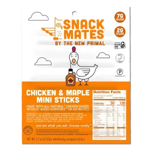 Snack Mates by The New Primal, Chicken & Maple Stick, All-Natural Chicken, High Protein and Low Sugar Kids Snack, Certified Paleo, Certified Gluten-Free, Lunchbox Friendly, 0.5 oz, Pack of 5