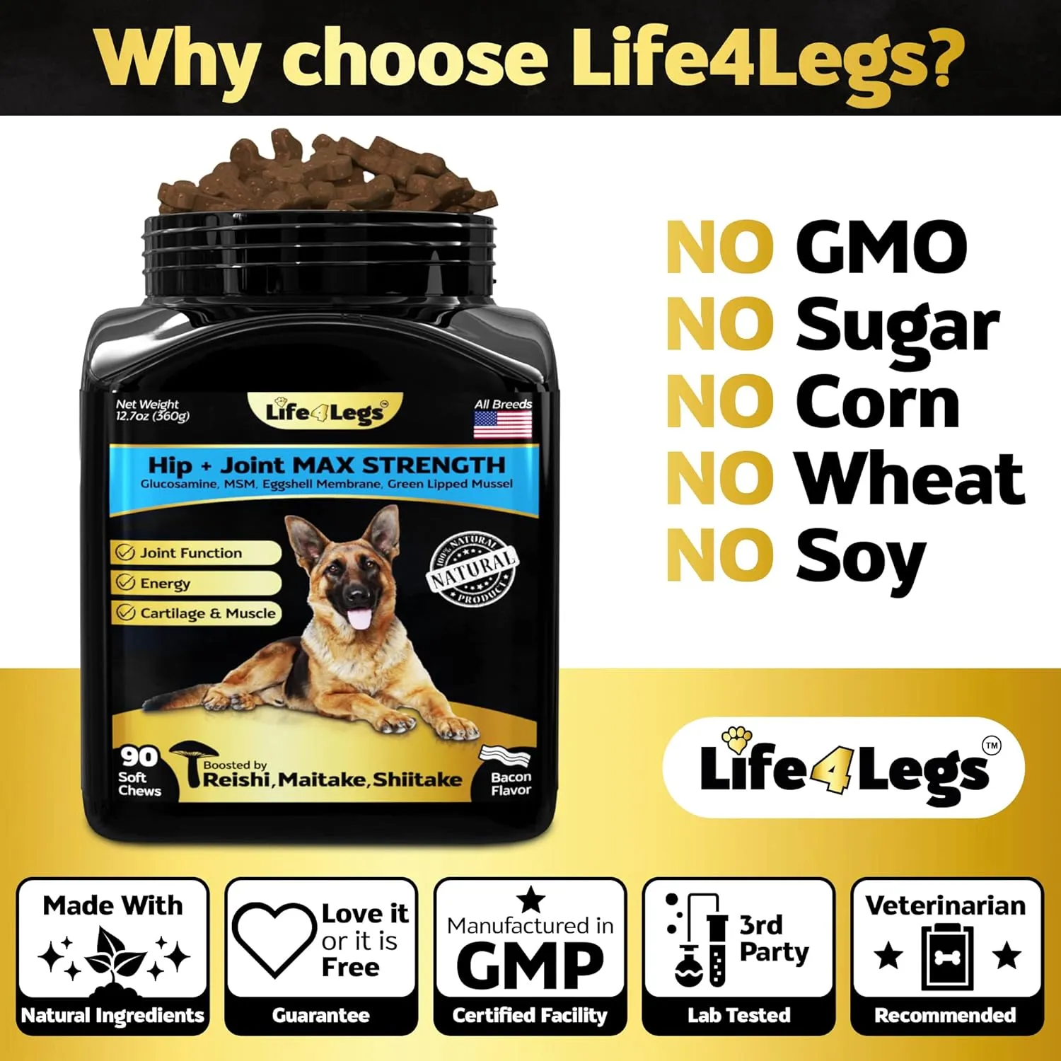 Soft Chews Hip and Joint Supplement for Dogs - Dog Joint Pain Relief Treats - Glucosamine, Chondroitin, Turmeric- Mobility Supplement