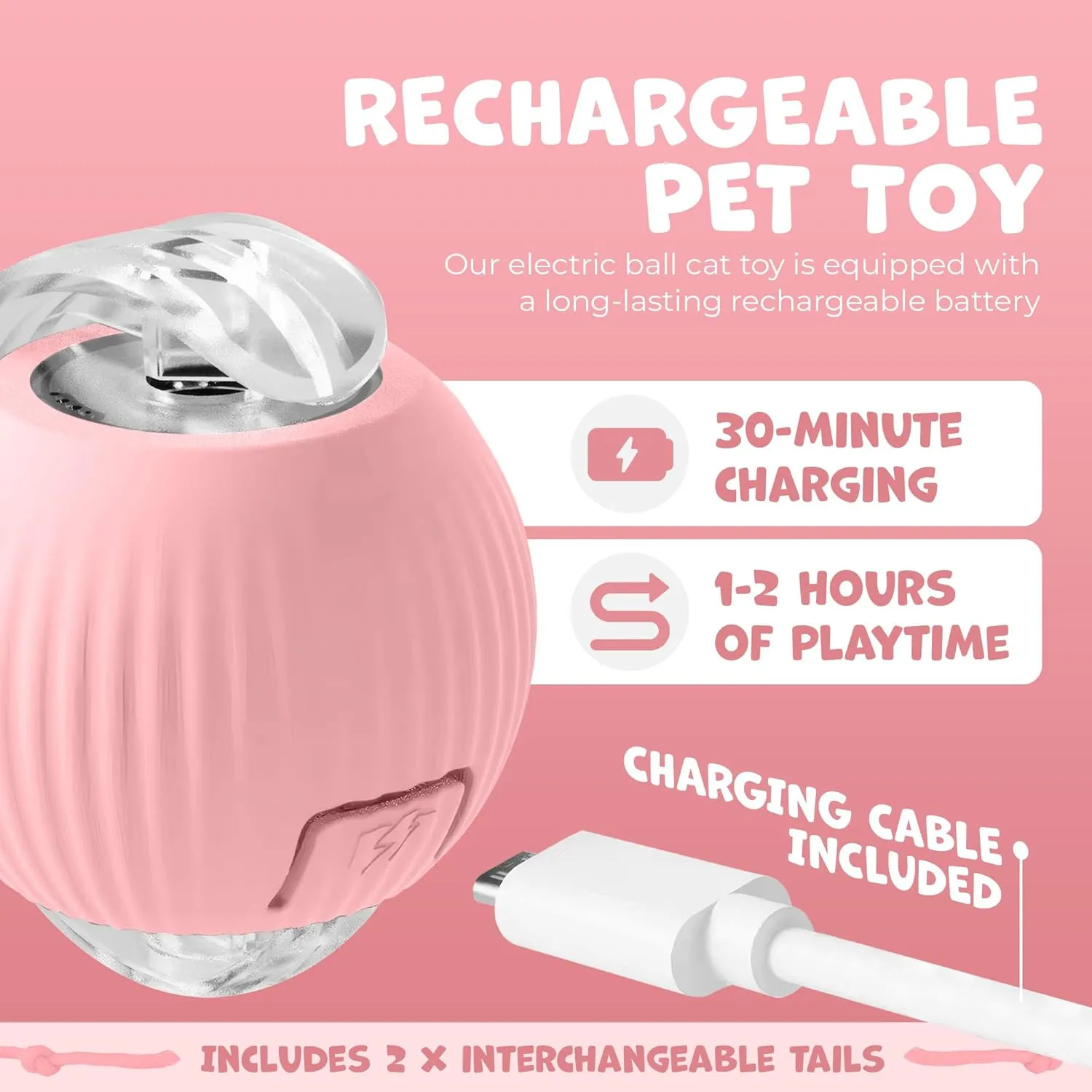 Speedy Tail 2.0 Interactive Cat Toy  Self-Moving Balls for Cats  Smart Electric Cat Ball for Boredom, Enrichment, Pet Chase  Rechargeable Toy for Indoor Cats with 2 Tails (Pink)