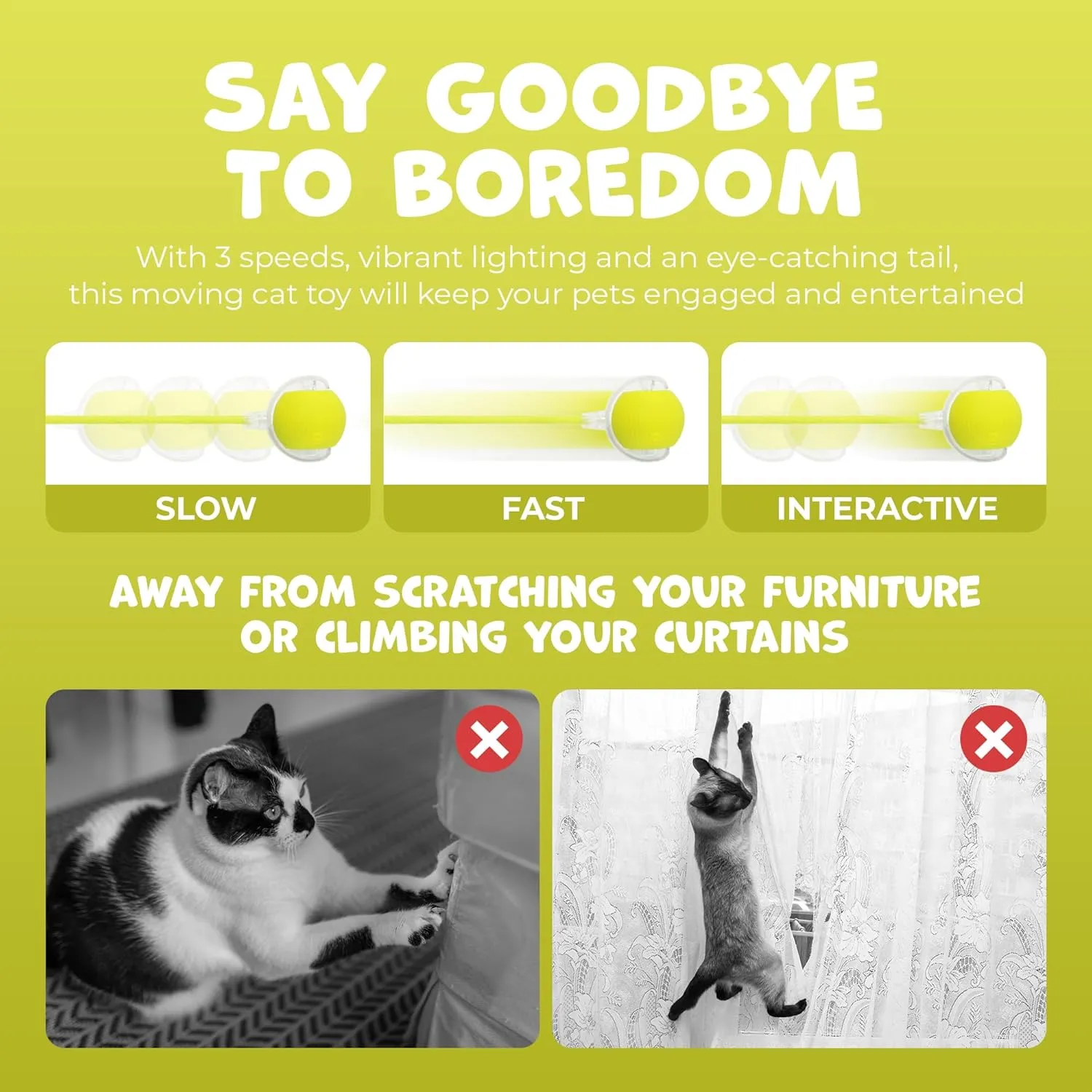 Speedy Tail 2.0 Interactive Cat Toy  Self-Moving Balls for Cats  Smart Electric Cat Ball for Boredom, Enrichment, Pet Chase  Rechargeable Toy for Indoor Cats with 2 Tails (Yellow)