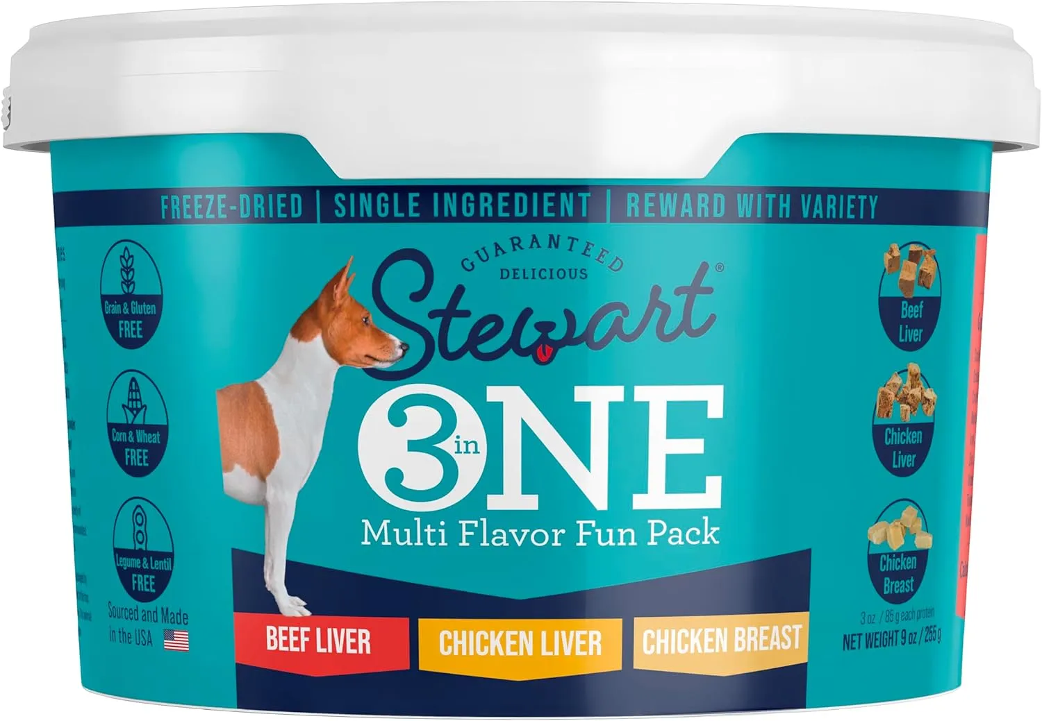 Stewart Single Ingredient Freeze Dried Raw Dog Treats, 3 in 1 Multi Flavor Variety Pack, 9 Ounce Resealable Tub, Training Treats or Meal Topper Dogs, High Protein, Grain-Free, Gluten-Free