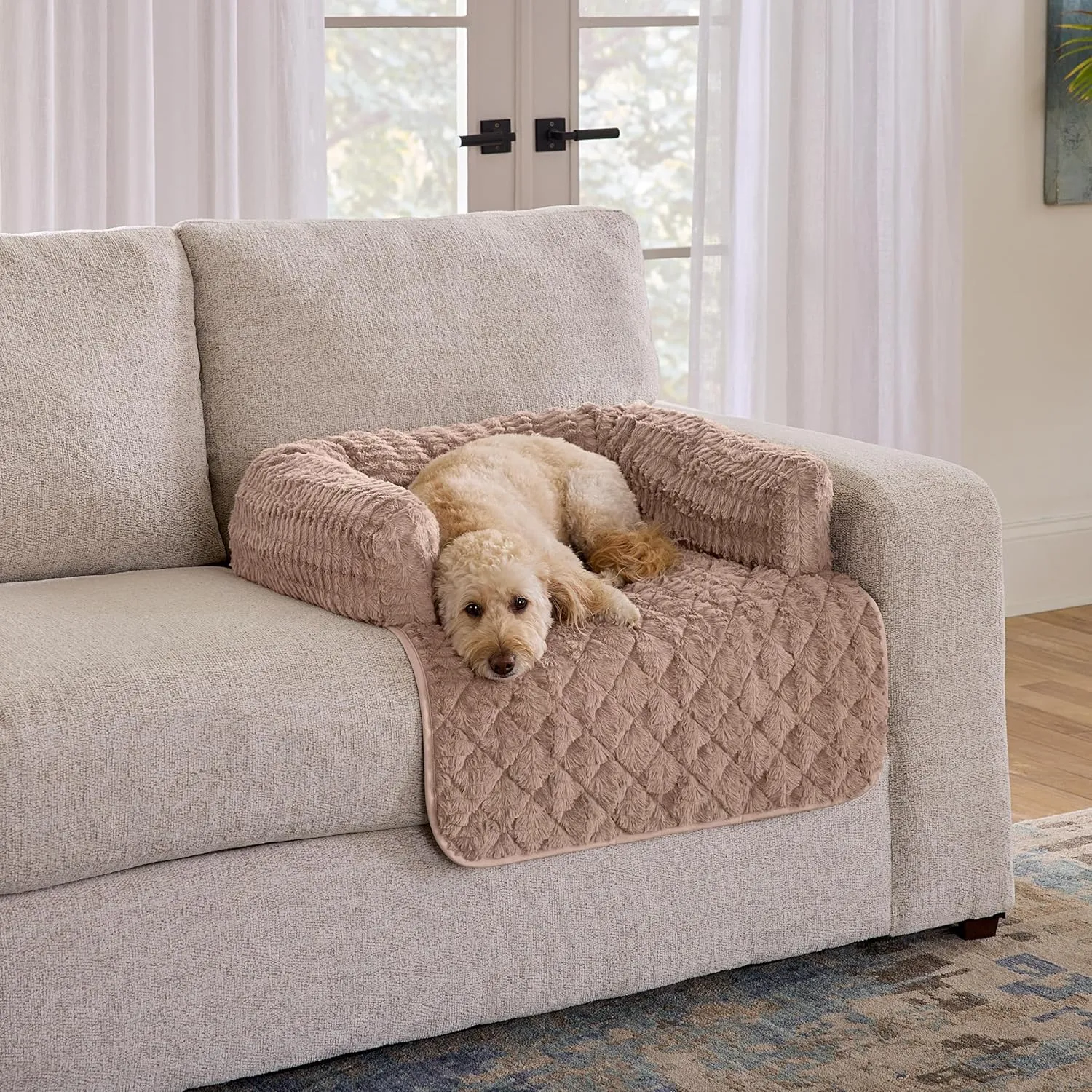 SureFit Pet 3-Sided Bolster Dog and Cat Pet Bed for Couch, Soft Faux Fur Fabric, Machine Washable & Non-Slip, Couch Protector & Odor Control, Large, 46 in x 32 in, Tan