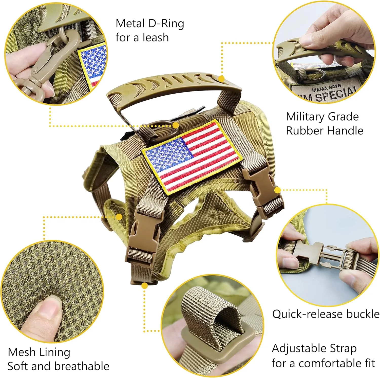 Tactical Cat Harness and Leash for Walking Escape Proof, Adjustable Military K9 Pet Vest Harness Easy Control for Large Cat, Puppy and Small Dog (Coyote Brown)