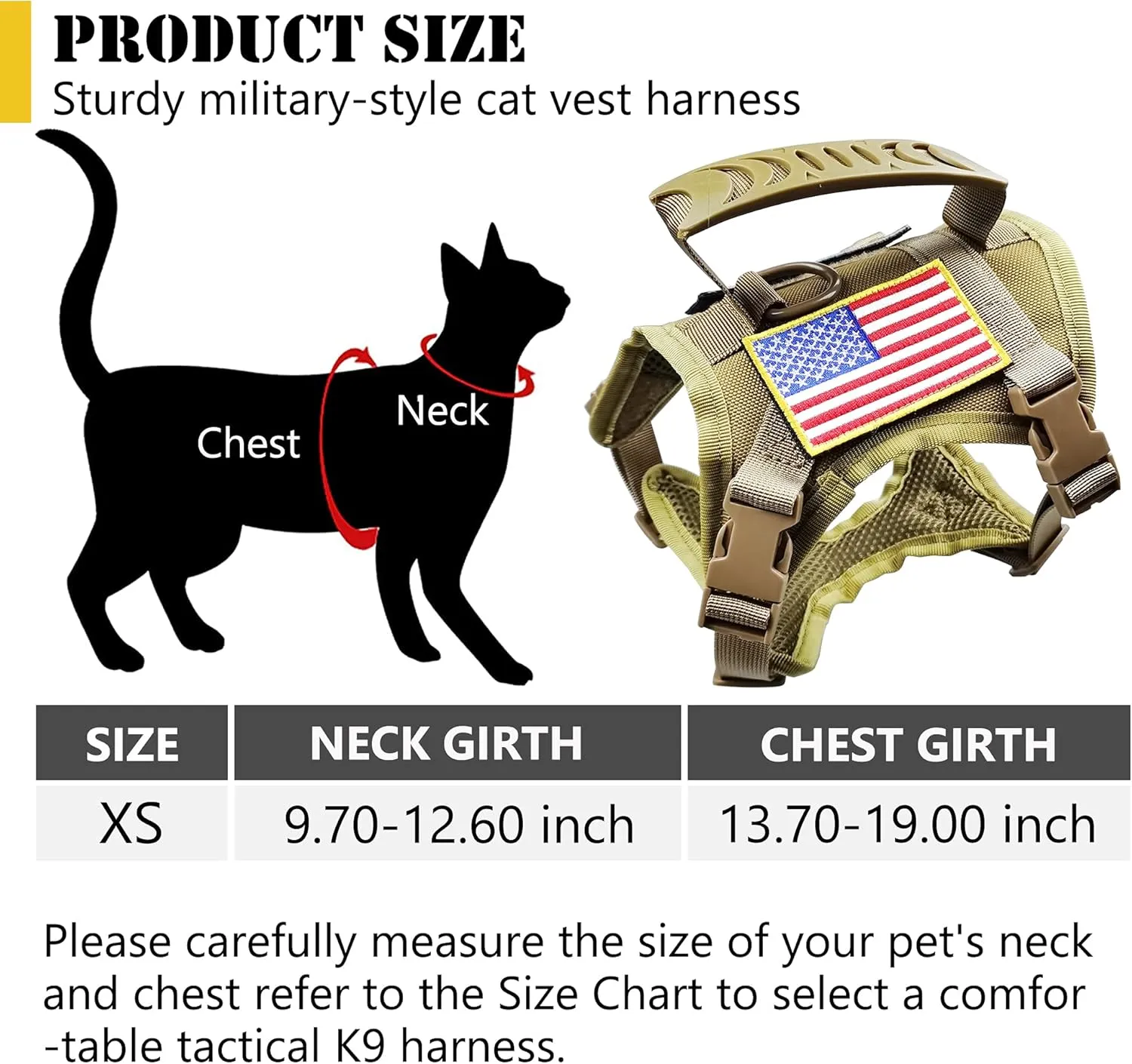 Tactical Cat Harness and Leash for Walking Escape Proof, Adjustable Military K9 Pet Vest Harness Easy Control for Large Cat, Puppy and Small Dog (Coyote Brown)