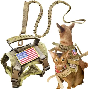 Tactical Cat Harness and Leash for Walking Escape Proof, Adjustable Military K9 Pet Vest Harness Easy Control for Large Cat, Puppy and Small Dog (Coyote Brown)