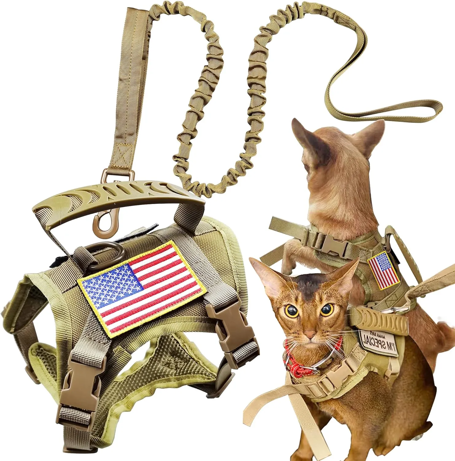 Tactical Cat Harness and Leash for Walking Escape Proof, Adjustable Military K9 Pet Vest Harness Easy Control for Large Cat, Puppy and Small Dog (Coyote Brown)
