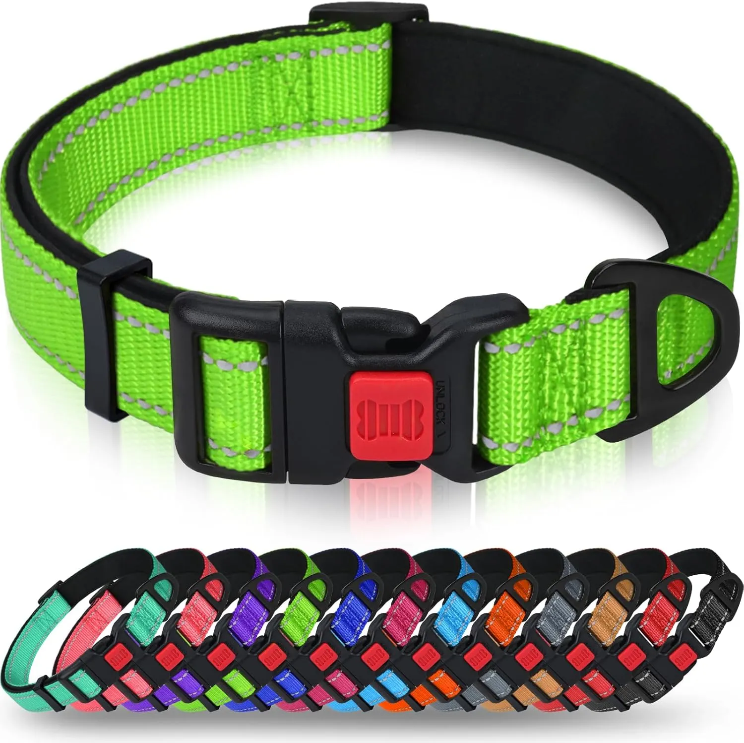 Taglory Reflective Dog Collar with Safety Locking Buckle, Adjustable Nylon Pet Collars for Small Dogs Female Male, S, Green