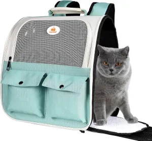 Top tasta Cat Backpack Carrier, Airline Approved, Ventilated Design, Breathable Mesh for Small Cats and Dogs for Hiking and Camping, Carry Up to 15 Pounds (Light Blue)