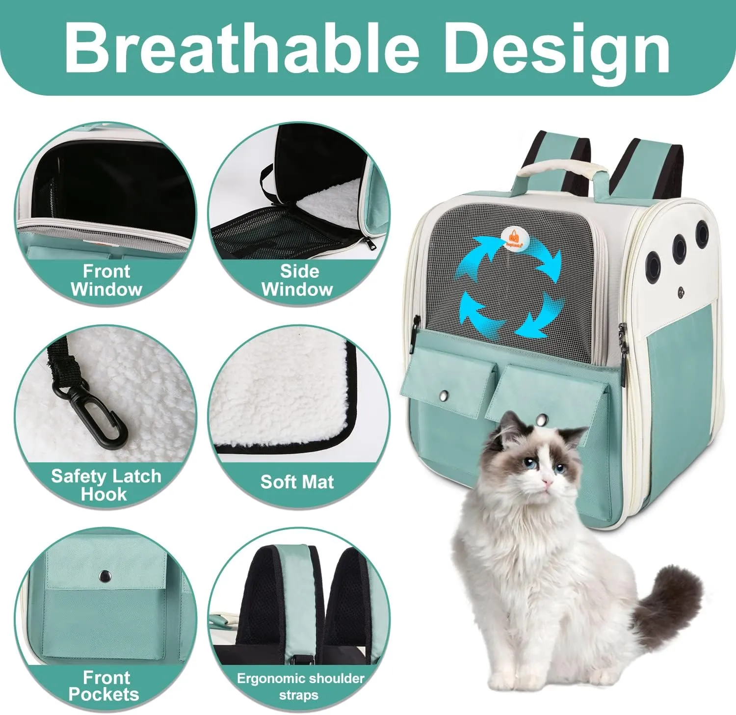 Top tasta Cat Backpack Carrier, Airline Approved, Ventilated Design, Breathable Mesh for Small Cats and Dogs for Hiking and Camping, Carry Up to 15 Pounds (Light Blue)