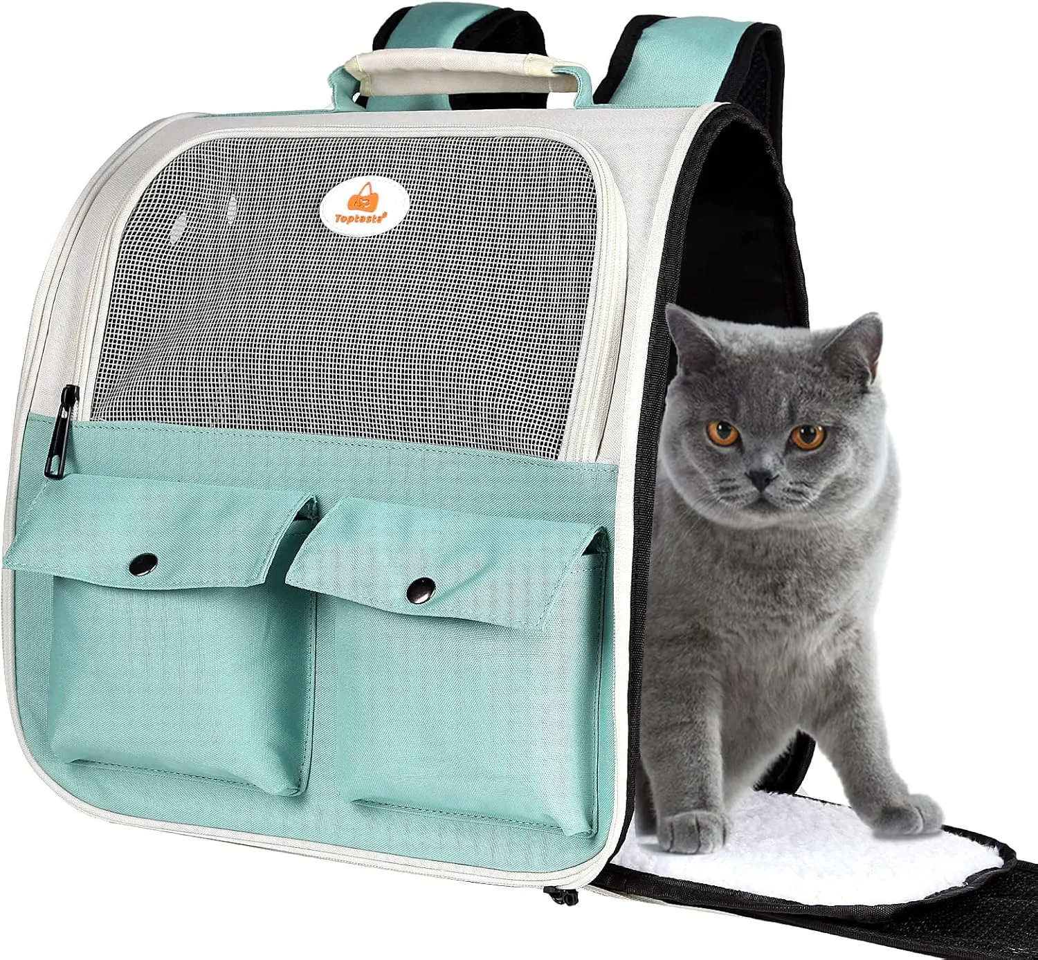 Top tasta Cat Backpack Carrier, Airline Approved, Ventilated Design, Breathable Mesh for Small Cats and Dogs for Hiking and Camping, Carry Up to 15 Pounds (Light Blue)