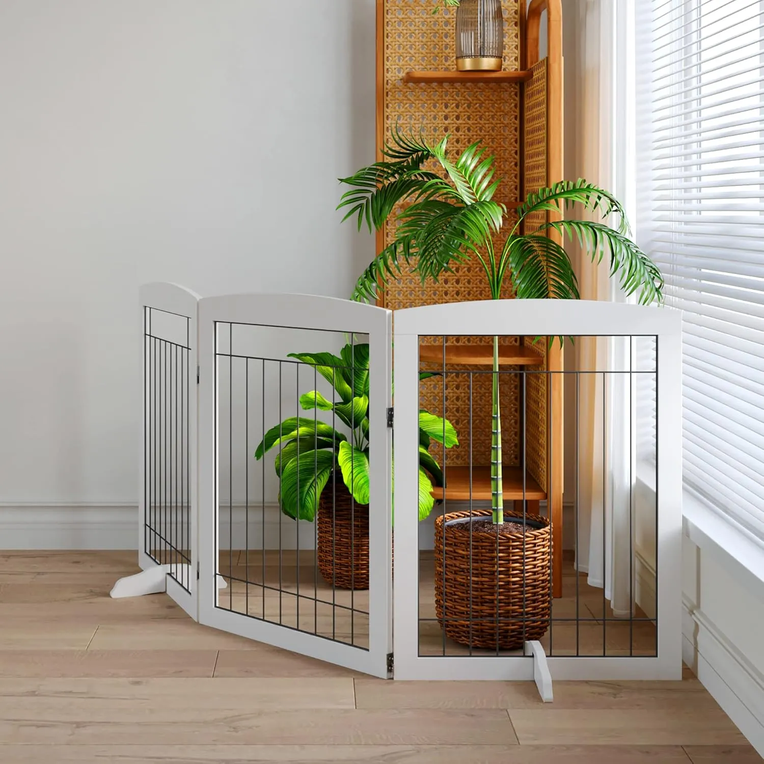 Vantas Folding Pet Gate 72" Wide, 30" Tall No-Assembly Wooden Dog Gate, Freestanding Wire Pet Gate, Pet Puppy Safety Fence, with 2PCS Support - White