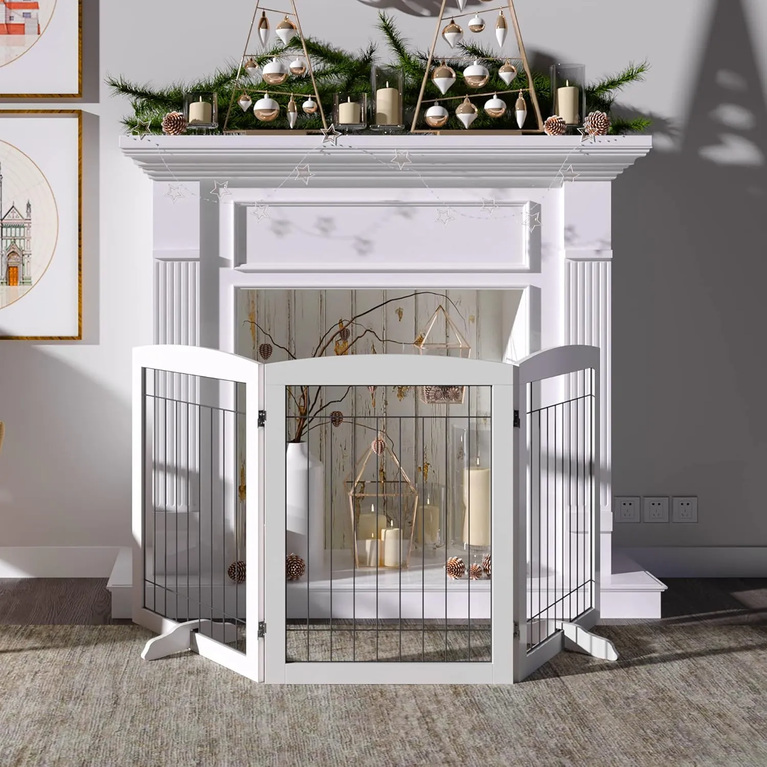 Vantas Folding Pet Gate 72" Wide, 30" Tall No-Assembly Wooden Dog Gate, Freestanding Wire Pet Gate, Pet Puppy Safety Fence, with 2PCS Support - White