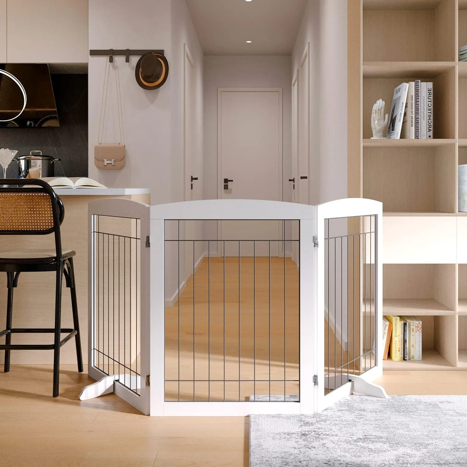 Vantas Folding Pet Gate 72" Wide, 30" Tall No-Assembly Wooden Dog Gate, Freestanding Wire Pet Gate, Pet Puppy Safety Fence, with 2PCS Support - White