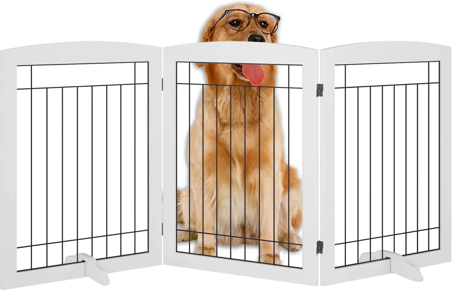 Vantas Folding Pet Gate 72" Wide, 30" Tall No-Assembly Wooden Dog Gate, Freestanding Wire Pet Gate, Pet Puppy Safety Fence, with 2PCS Support - White