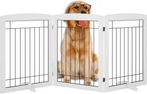Vantas Folding Pet Gate 72" Wide, 30" Tall No-Assembly Wooden Dog Gate, Freestanding Wire Pet Gate, Pet Puppy Safety Fence, with 2PCS Support - White