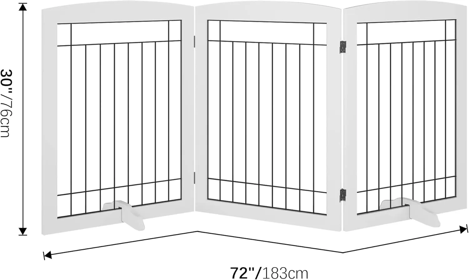 Vantas Folding Pet Gate 72" Wide, 30" Tall No-Assembly Wooden Dog Gate, Freestanding Wire Pet Gate, Pet Puppy Safety Fence, with 2PCS Support - White