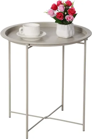VECELO Side Table Round Foldable Tray Metal End Table,Coffee Table,Sofa Table for Bedroom,Living Room,H 19.7" xD 18.5", Beige