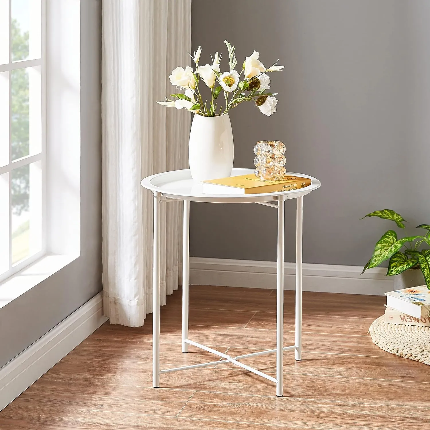 VECELO Side Table Round Foldable Tray Metal End Table,Coffee Table,Sofa Table for Bedroom,Living Room,H 19.7" xD 18.5", Beige