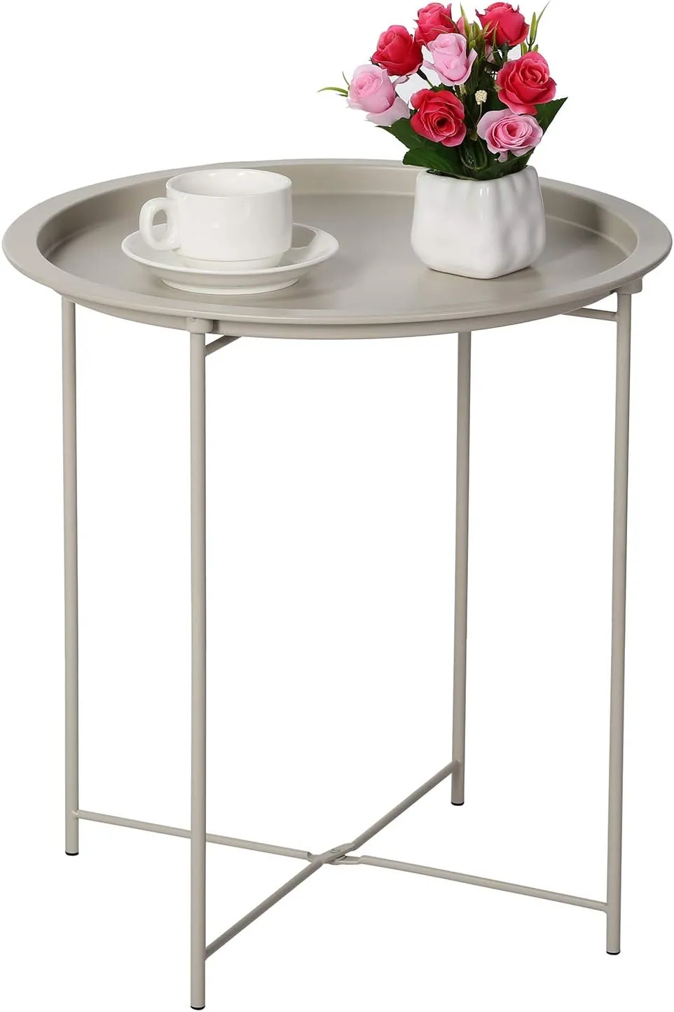 VECELO Side Table Round Foldable Tray Metal End Table,Coffee Table,Sofa Table for Bedroom,Living Room,H 19.7" xD 18.5", Beige