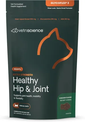 VetriScience Extra Strength Healthy Hip & Joint Chews, GlycoFlex Glucosamine and Green-Lipped Mussel Joint Support Supplement for Cats, Promote Mobility and Soothe Joint Discomfort, Chicken, 60 Count