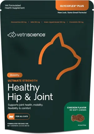 VetriScience Ultimate Strength Healthy Hip & Joint Chews, GlycoFlex Glucosamine, Chondroitin and Green-Lipped Mussel Joint Supplement for Cats, Soothe Joint Discomfort, Chicken, 30 Count