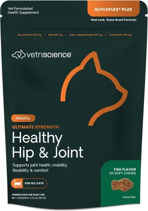 VetriScience Ultimate Strength Healthy Hip & Joint Chews, GlycoFlex Glucosamine, Chondroitin and Green-Lipped Mussel Joint Supplement for Cats, Soothe Joint Discomfort, Fish, 30 Count