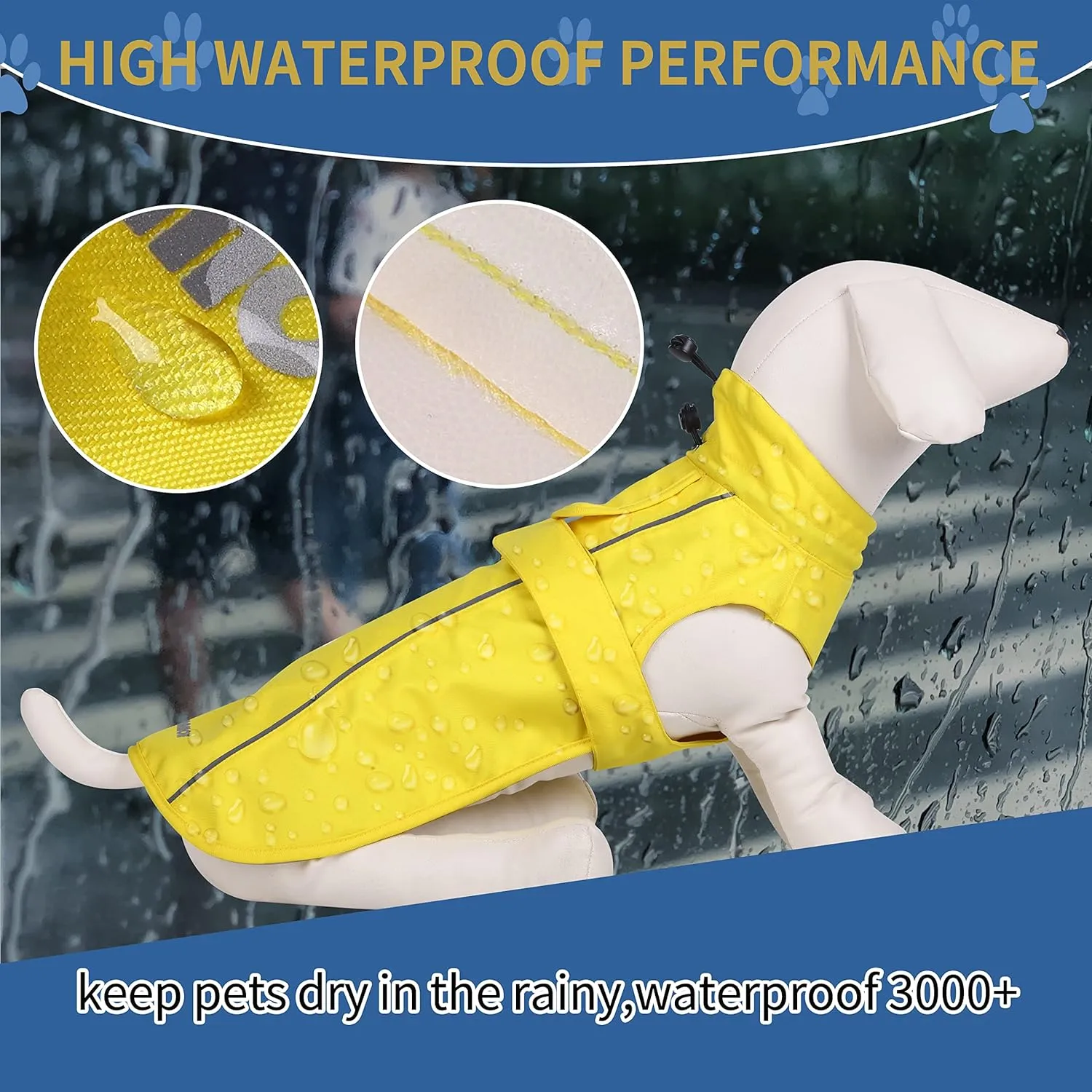 Waterproof Dog Raincoat with Reflective Strip, Adjustable Breathable Rain Coat Jacket with Leash Hole for Dogs (Yellow, X-Small)