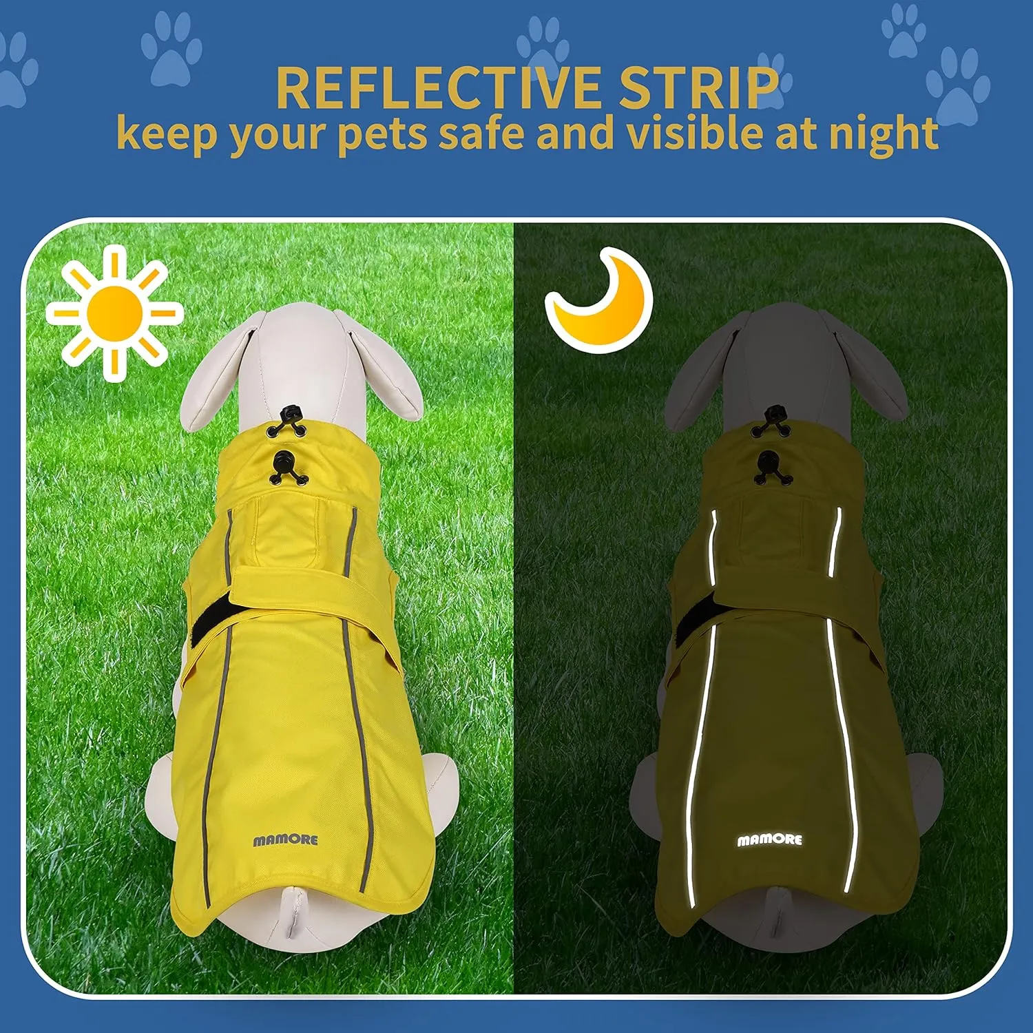 Waterproof Dog Raincoat with Reflective Strip, Adjustable Breathable Rain Coat Jacket with Leash Hole for Dogs (Yellow, X-Small)